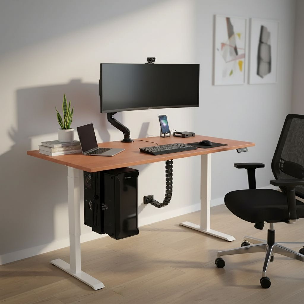 Rauman Výškově nastavitelný stůl OfficeTech C, 180 x 80 cm, bílá podnož, třešeň