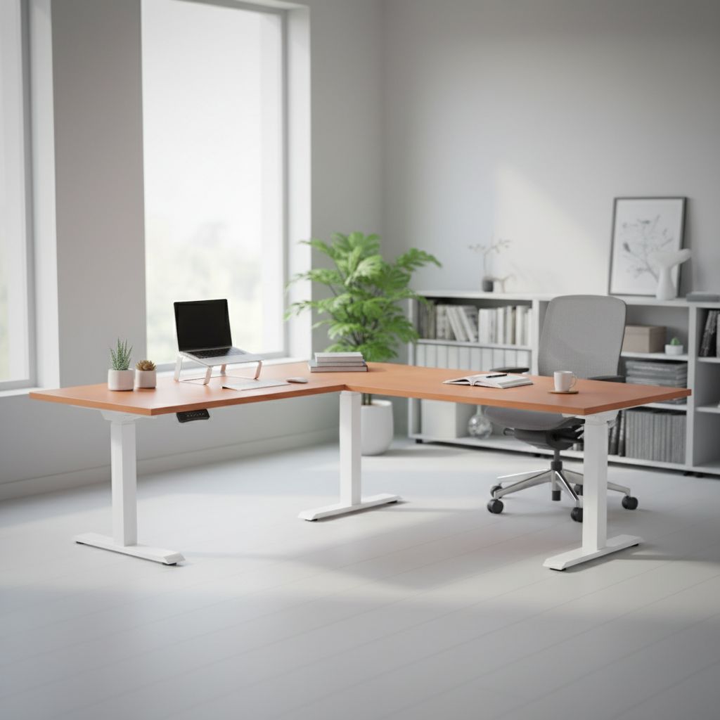 Rauman Výškově nastavitelný stůl OfficeTech Angle, 180 x 200 cm, bílá podnož, třešeň