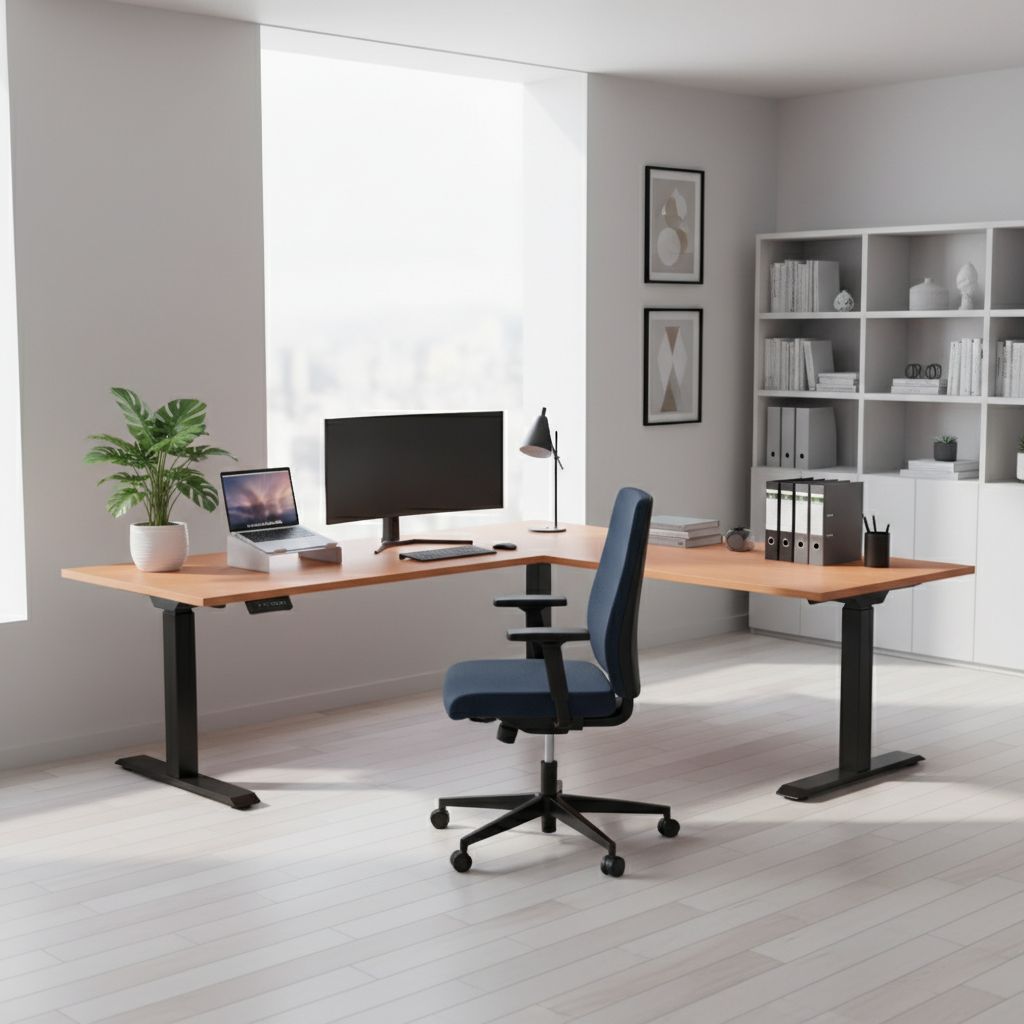 Rauman Výškově nastavitelný stůl OfficeTech Angle, 180 x 200 cm, černá podnož, třešeň