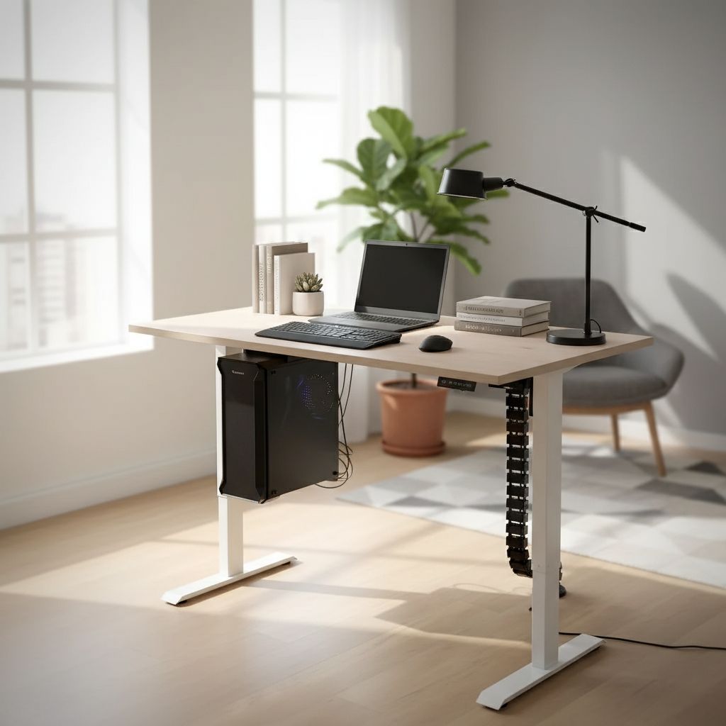 Rauman Výškově nastavitelný stůl OfficeTech D, 140 x 80 cm, bílá podnož, dub