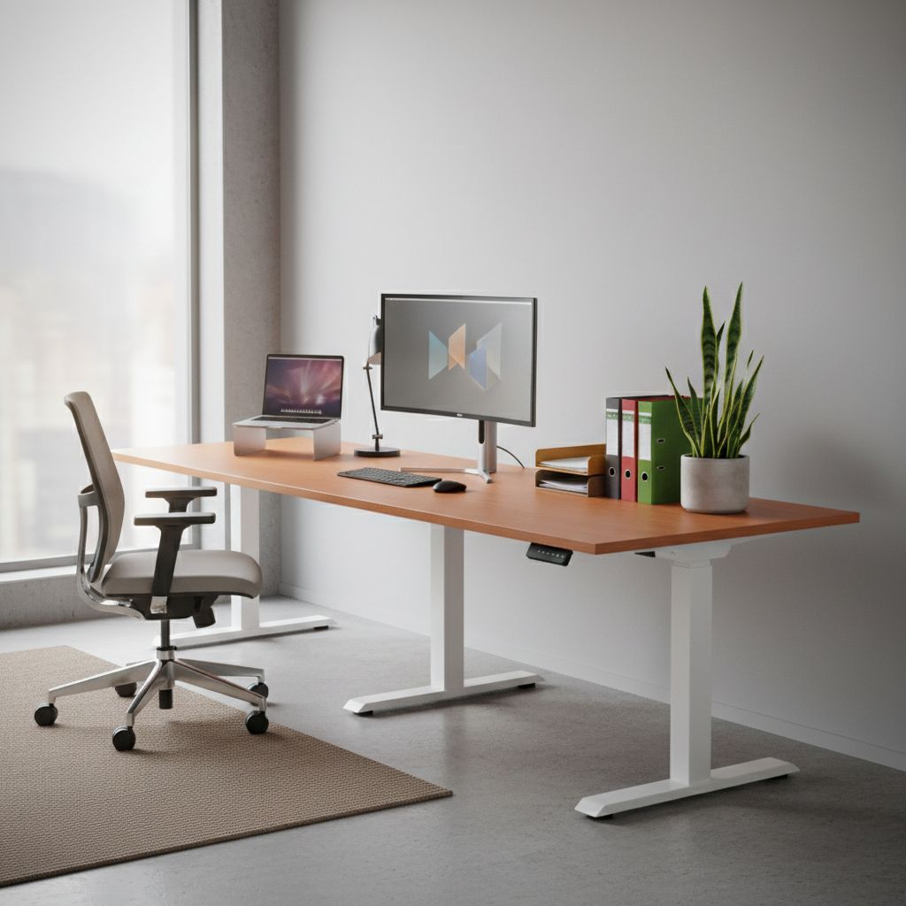 Rauman Výškově nastavitelný stůl OfficeTech Long, 260 x 80 cm, bílá podnož, třešeň