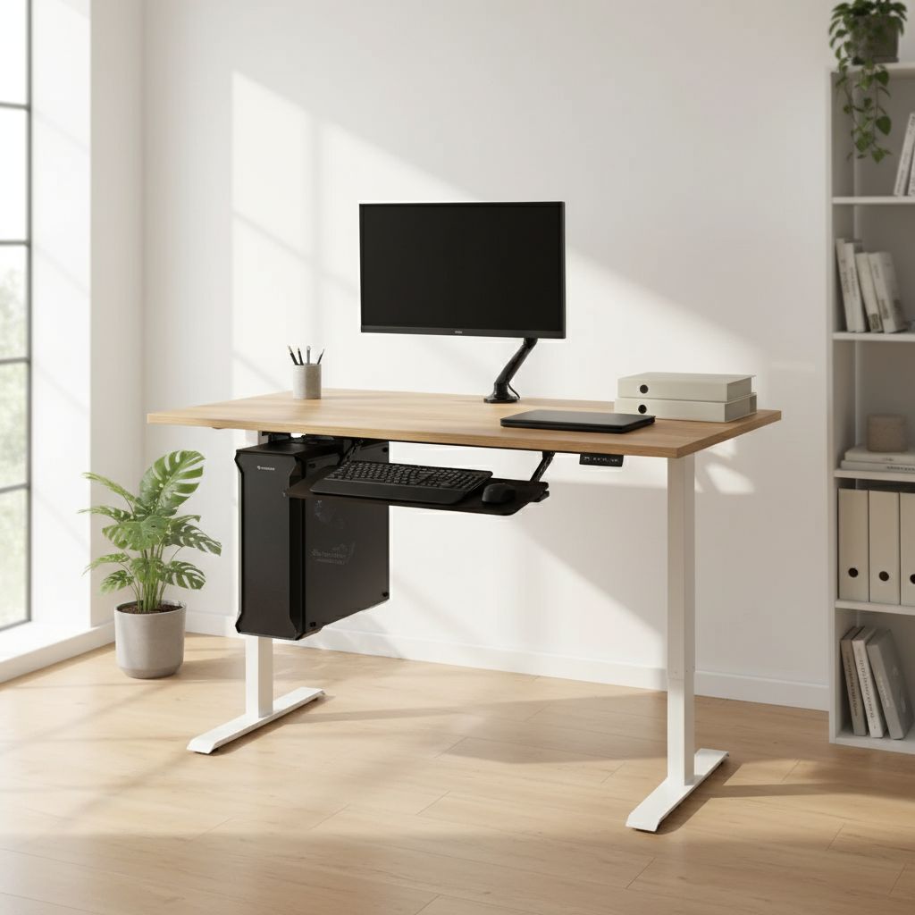 Rauman Výškově nastavitelný stůl OfficeTech A, 140 x 80 cm, bílá podnož, dub kraft