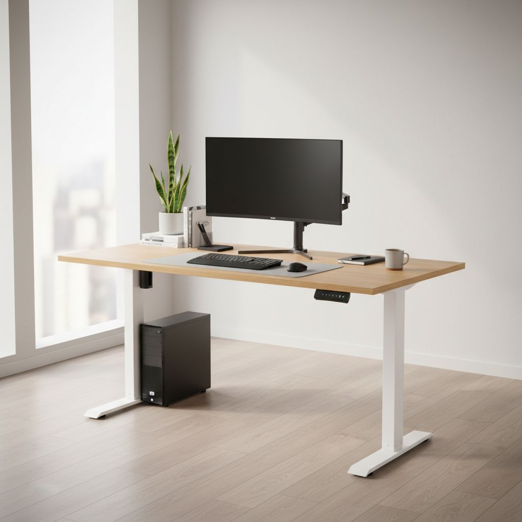 Rauman Výškově nastavitelný stůl OfficeTech B, 140 x 80 cm, bílá podnož, dub kamenný