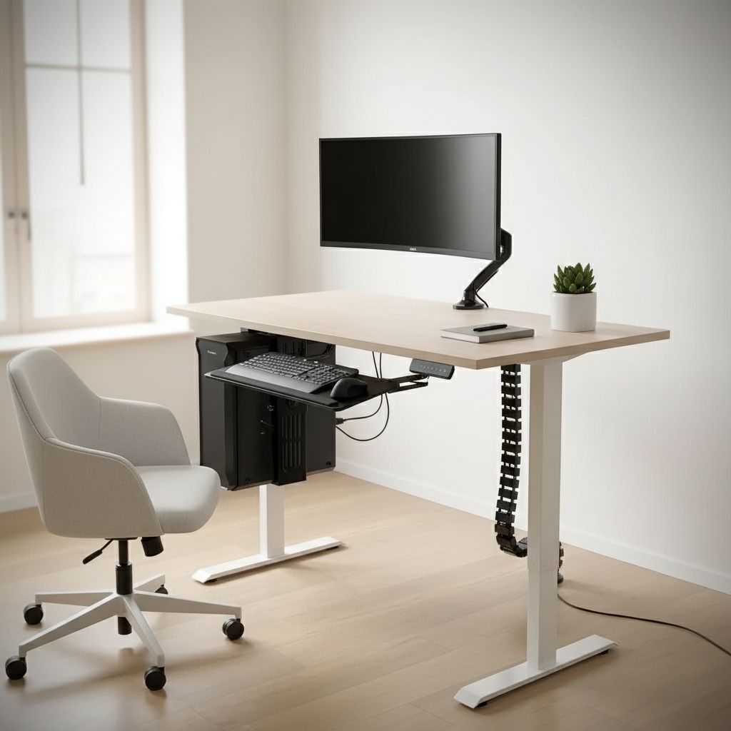 Rauman Výškově nastavitelný stůl OfficeTech B, 140 x 80 cm, bílá podnož, bílý jasan