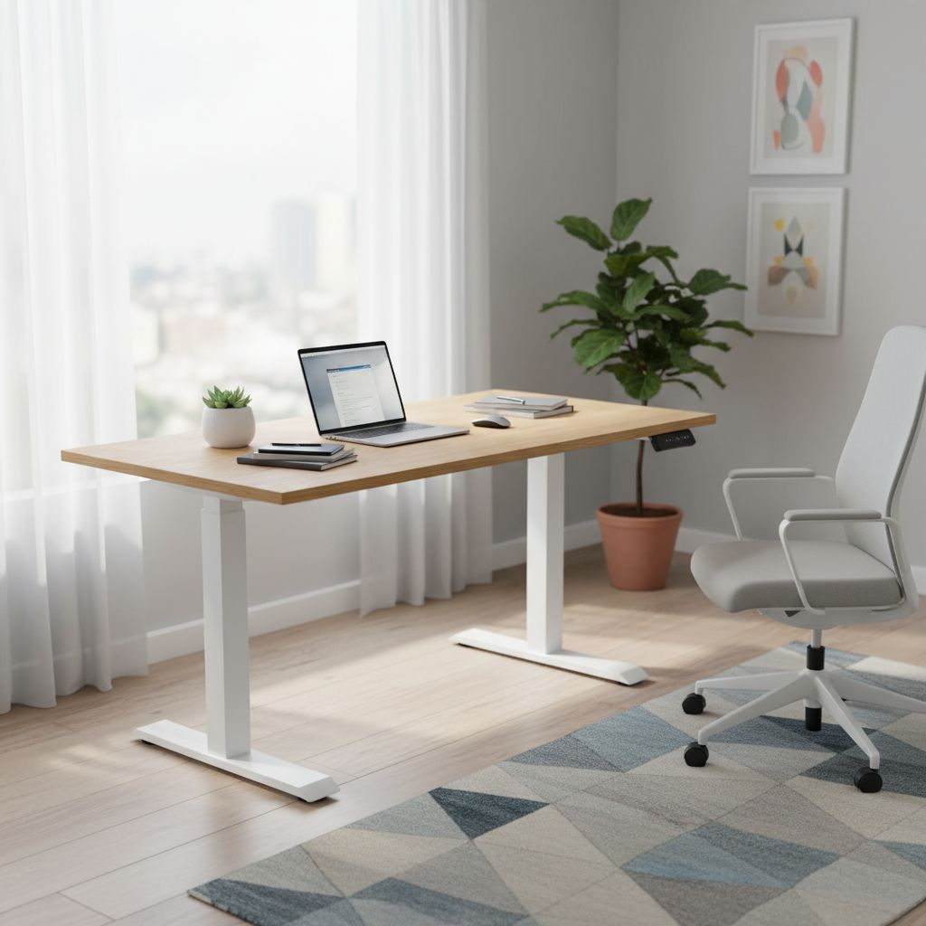 Rauman Výškově nastavitelný stůl OfficeTech D, 140 x 80 cm, bílá podnož, dub kamenný