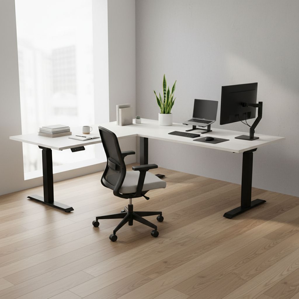 Rauman Výškově nastavitelný stůl OfficeTech Angle, 180 x 200 cm, černá podnož, bílý jasan