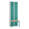Kovová šatní skříňka s lavičkou, 60 x 85 x 185 cm, sokl, cylindrický zámek, zelená - ral 6033