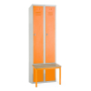 Kovová šatní skříňka s lavičkou, 60 x 85 x 185 cm, sokl, otočný zámek, oranžová - ral 2004