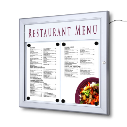 Vonkajšia uzamykateľná svetelná menu vitrína 2 x A4, na šírku, hliník