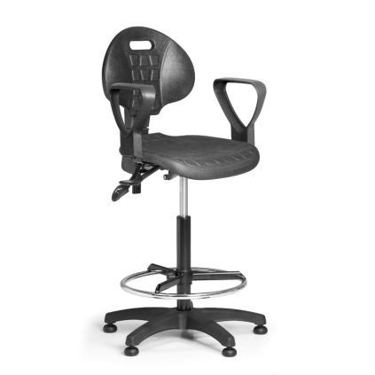 Pracovná stolička PUR - asynchrónna mechanika, klzáky, čierna