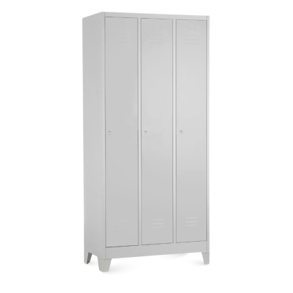 Kovová šatníková skrinka - 3 oddiely, 90 x 50 x 190 cm, pevné nohy, cylindrický zámok, svetlo sivá - ral 7035