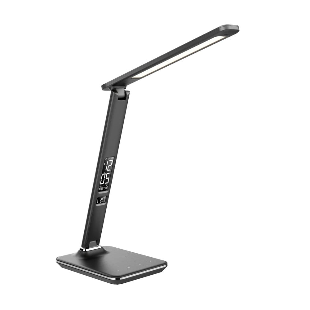 Solight LED stolná lampička s displejom, 9W, voľba teploty svetla, koža, čierna WO45-B