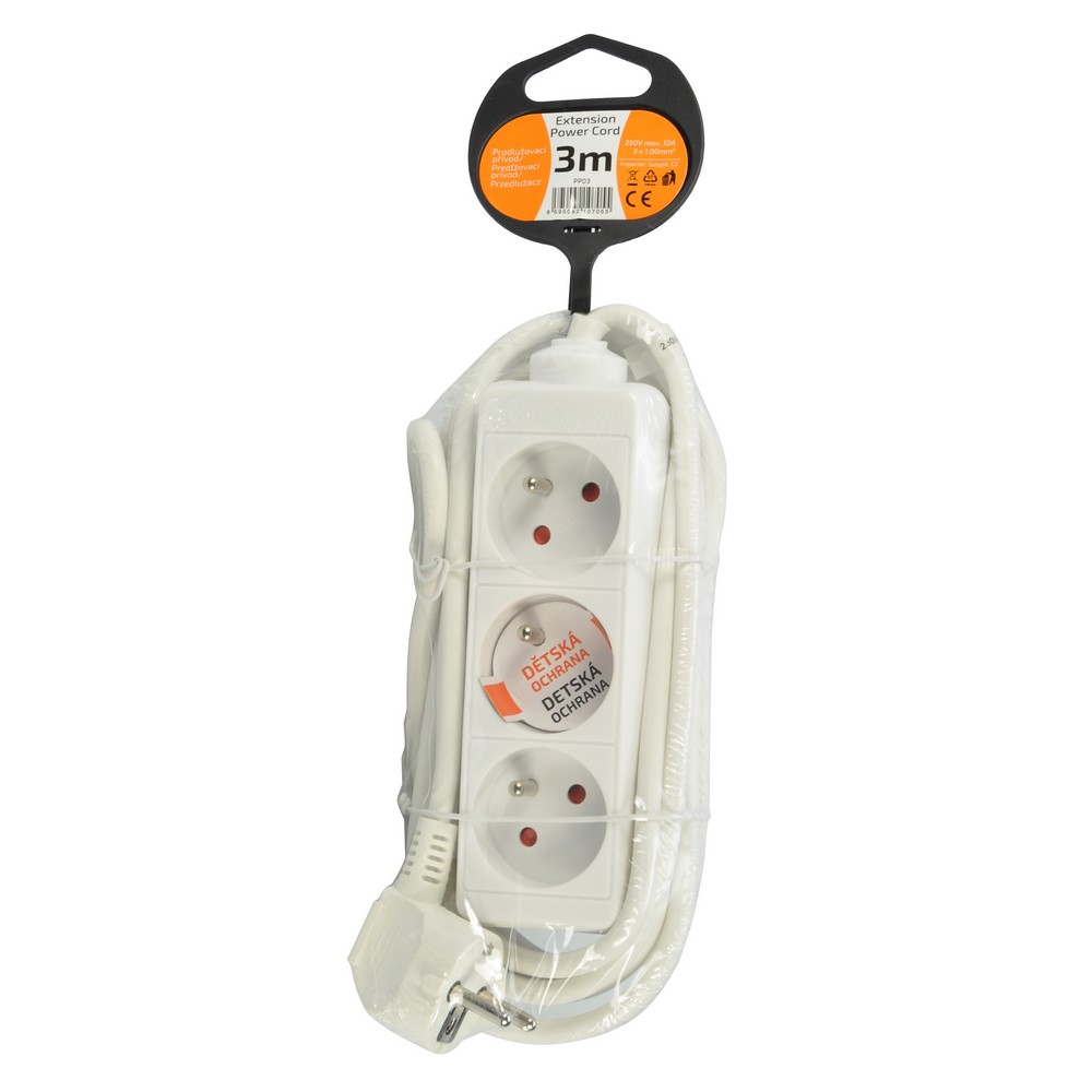 Solight Predlžovací kábel 3Z - 3 m, biela