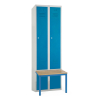 Kovová šatníková skrinka s lavičkou, 60 x 85 x 185 cm, sokel, cylindrický zámok, modrá - ral 5012