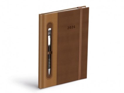 Diár 2026 T805 PU dark brown/beige - for pen with rubber