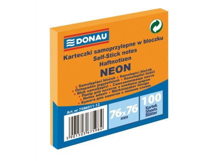 Bloček Donau neónový, 76 x 76 mm, oranžový, 100 lístkov