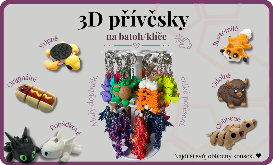 3D tištěné flexi přívěsky na klíče či batoh