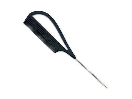 Plastic comb with metal tip and curved handle