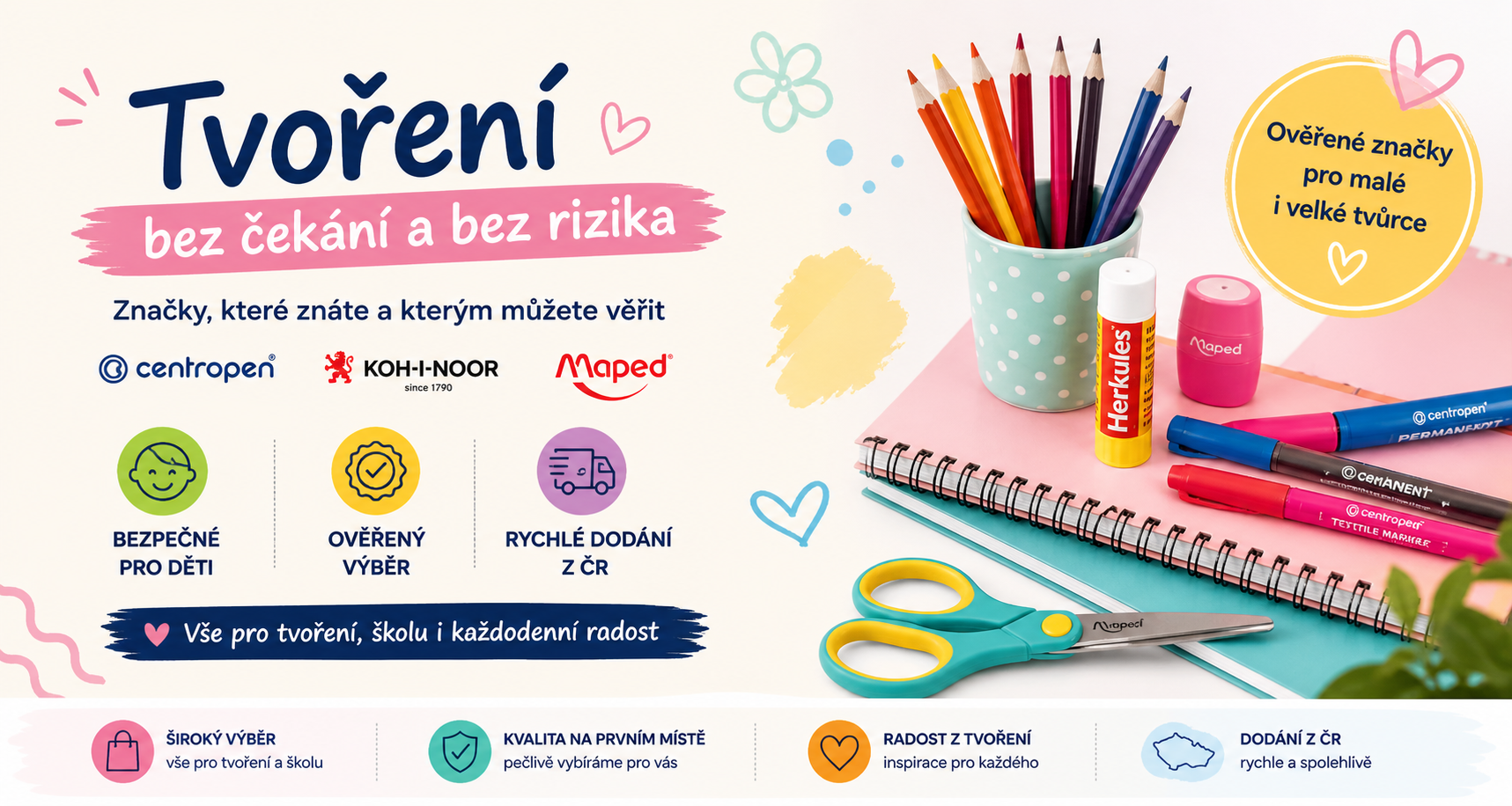 Banner prezentuje sortiment papírnictví a kreativních potřeb z e-shopu kapona.cz. Zaměřuje se na ověřené značky, bezpečnost pro děti a rychlé dodání z České republiky. Vizuálně komunikuje hravost, tvoření a důvěru.