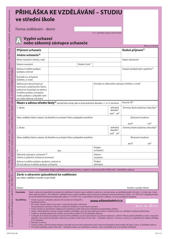 Přihláška ke studiu na střední škole, list A4, Optys 3106 - Kapona s.r.o.