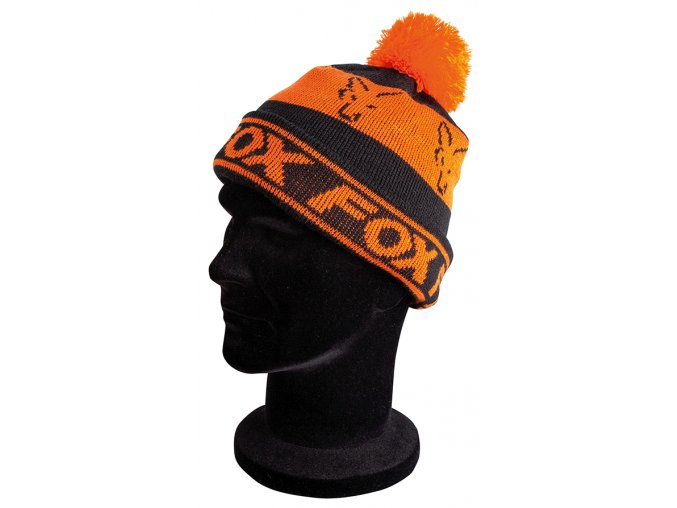 cpr991 fox black orange lined bobble hat on head