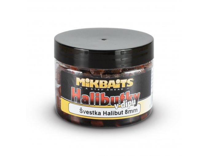 Mikbaits Halibutky v dipu 150ml - Švestka Halibut 8mm