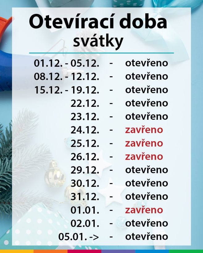 Přes vánoční svátky pro vás máme otevřeno každý pracovní den v běžné otevírací době 7:30–16:00. 😊 Zavřeno máme pouze ve...