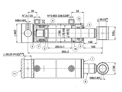 Doppelwirkender Standard-Hydraulikzylinder 70/40/203,5