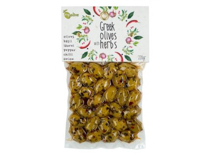 Zelené řecké olivy ochucené bazalkou cibulkou vavřínem paprikou chilli a kořením bukovo 220g MY OLIVE