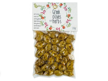 Zelené řecké olivy ochucené petrželkou tymiánem rajčaty chilli a cibulkou 220g MY OLIVE