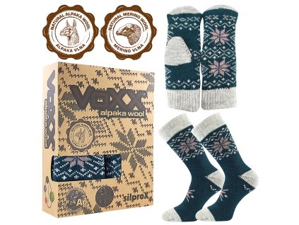 VoXX ponožky a rukavice ALTA z Merino ovčí vlny a srsti Alpaky dárkový set tm. tyrkys