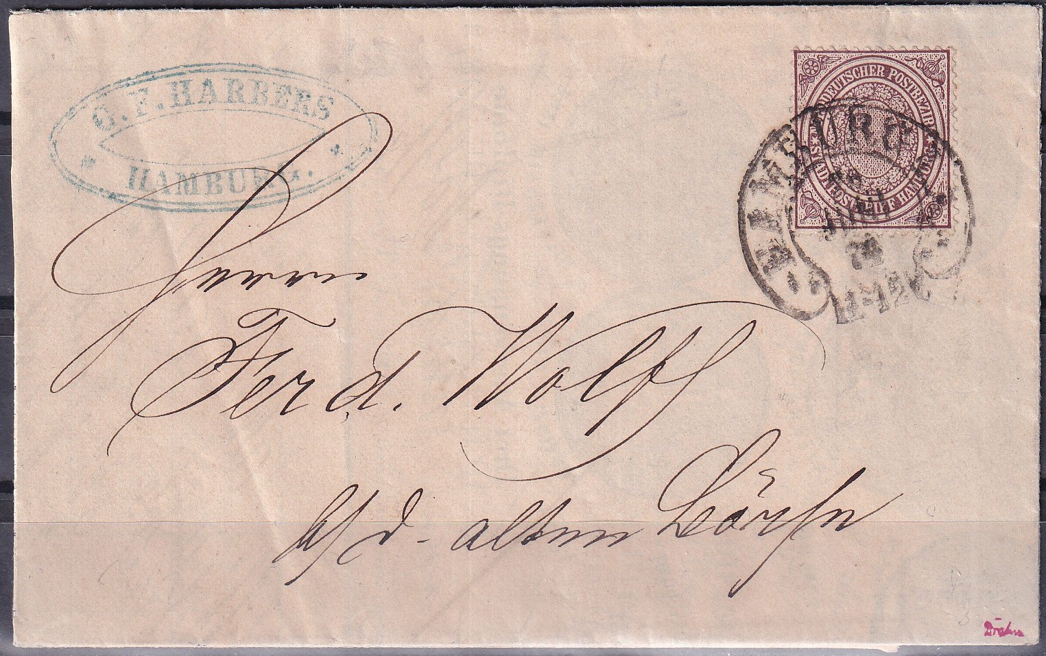 Dopis z městské pošty v Hamburku z roku 1874