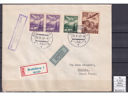 Slovenský stát Sy L 1,2,5 první let Bratislava - Prešov dopis