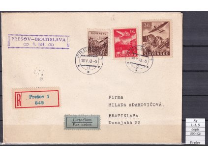 Slovenský stát Sy L 3,5 první let Prešov - Bratislava dopis