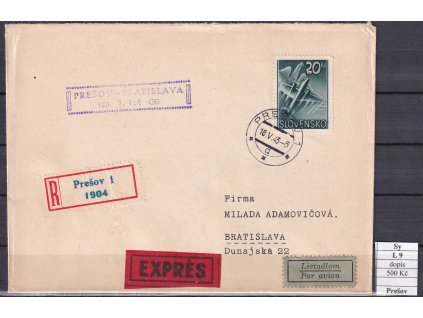 Slovenský stát Sy L 9 první let Prešov - Bratislava dopis