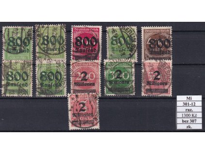 Deutsches Reich Mi 301-12 bez 307 razítkované zkoušené