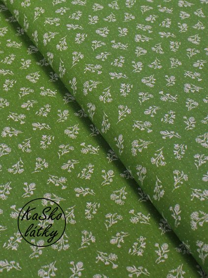 Bavlněná látka bílé kytičky s puntíky na zelené