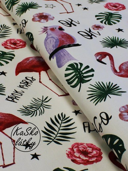 Bavlněná látka plameňáci a papoušci