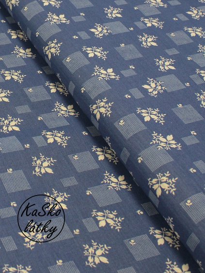 Bavlněná látka bílé lístky na modré