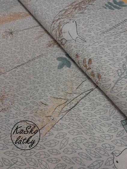 Zbytek - Režná látka ptáčci s lístky  30 x 140 cm