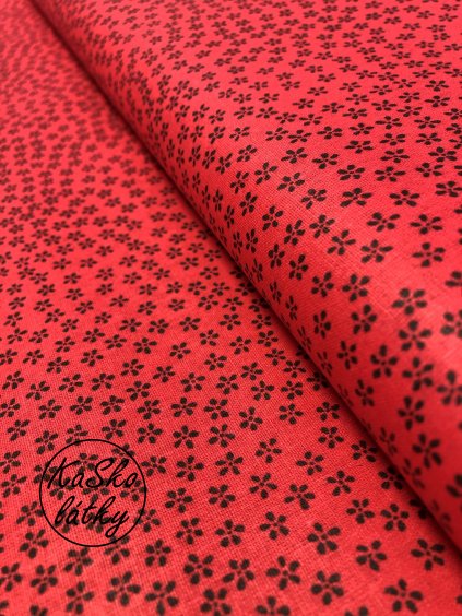Zbytek - Bavlněná látka černé kvítky na červené  50 x 140 cm