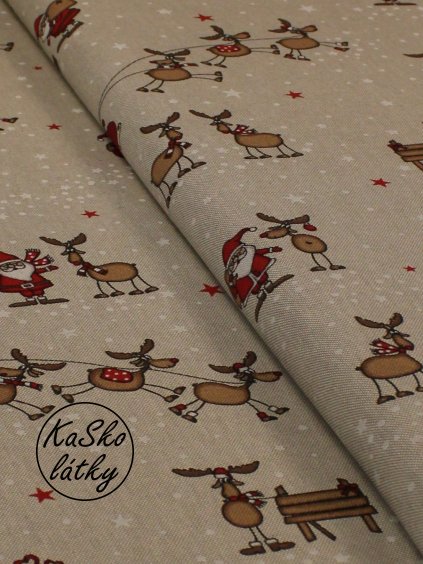 Zbytek - Režná látka sobi se sáněmi  50 x 140 cm