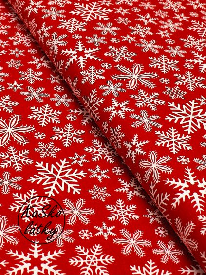 Bavlněná látka sněhové vločky na červené