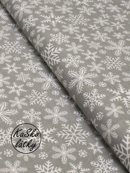 Bavlněná látka sněhové vločky na šedé