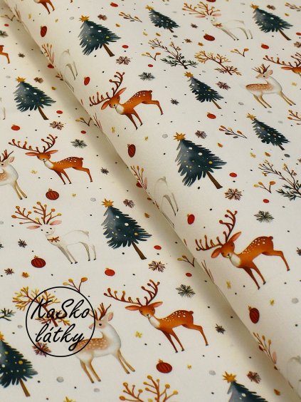 Bavlněná látka jelínci a vánoční stromky