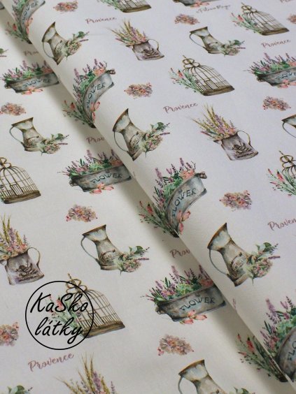 Zbytek - Bavlněná látka levandule a ptačí klece  30 x 150 cm