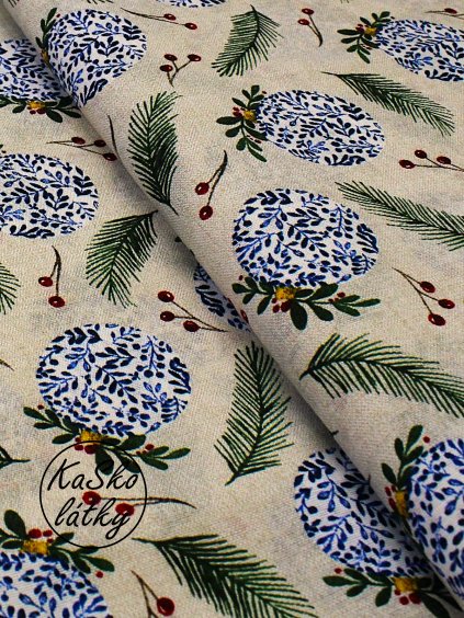 Zbytek - Režná látka modro-bílé vánoční ozdoby  35 x 140 cm