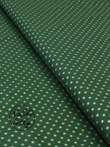 Zbytek - Bavlněná látka zlaté hvězdičky na zelené  45 x 145 cm