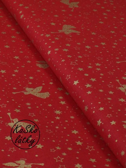 Zbytek - Bavlněná látka anděl s trumpetou na červené  40 x 150 cm