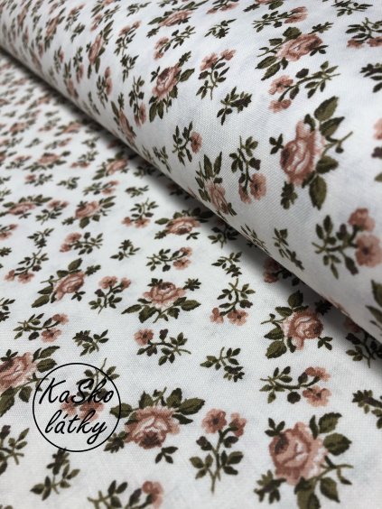 Zbytek - Bavlněná látka starorůžové květy na krémové  75 x 140 cm